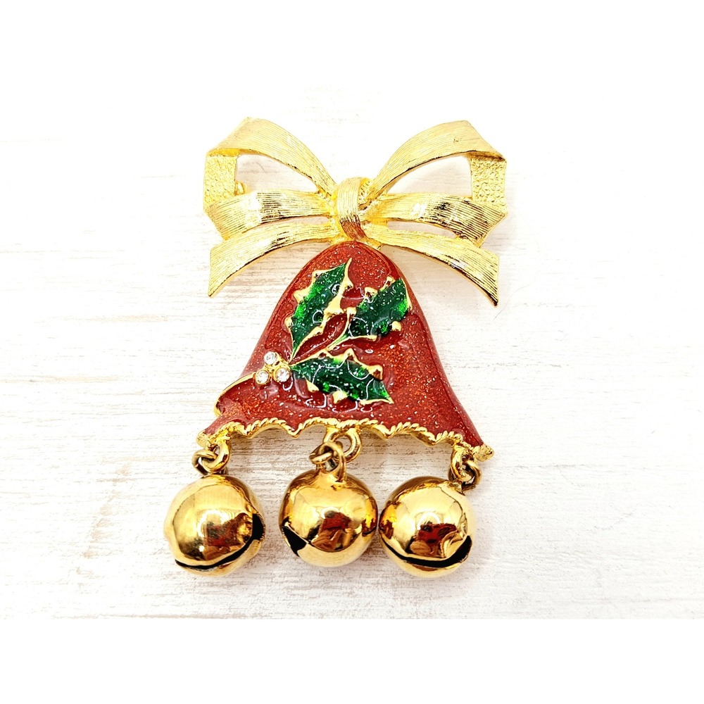 Vintage Christmas Bell Bow Brooch – Goldtone Glitter Enamel Holiday Pin
